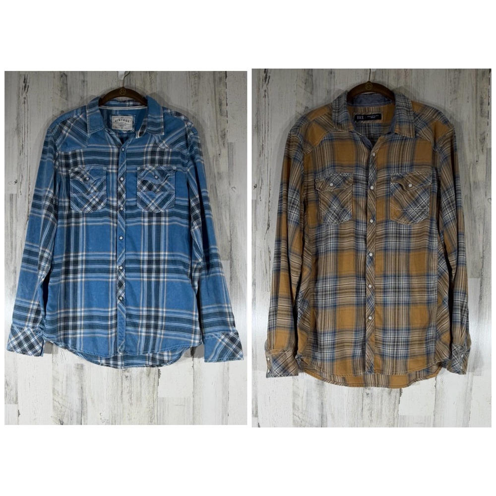 BKE Mens Pearl Snap Shirts Size Medium Lot of 2 Blue and Tan Plaid‎ Flannel